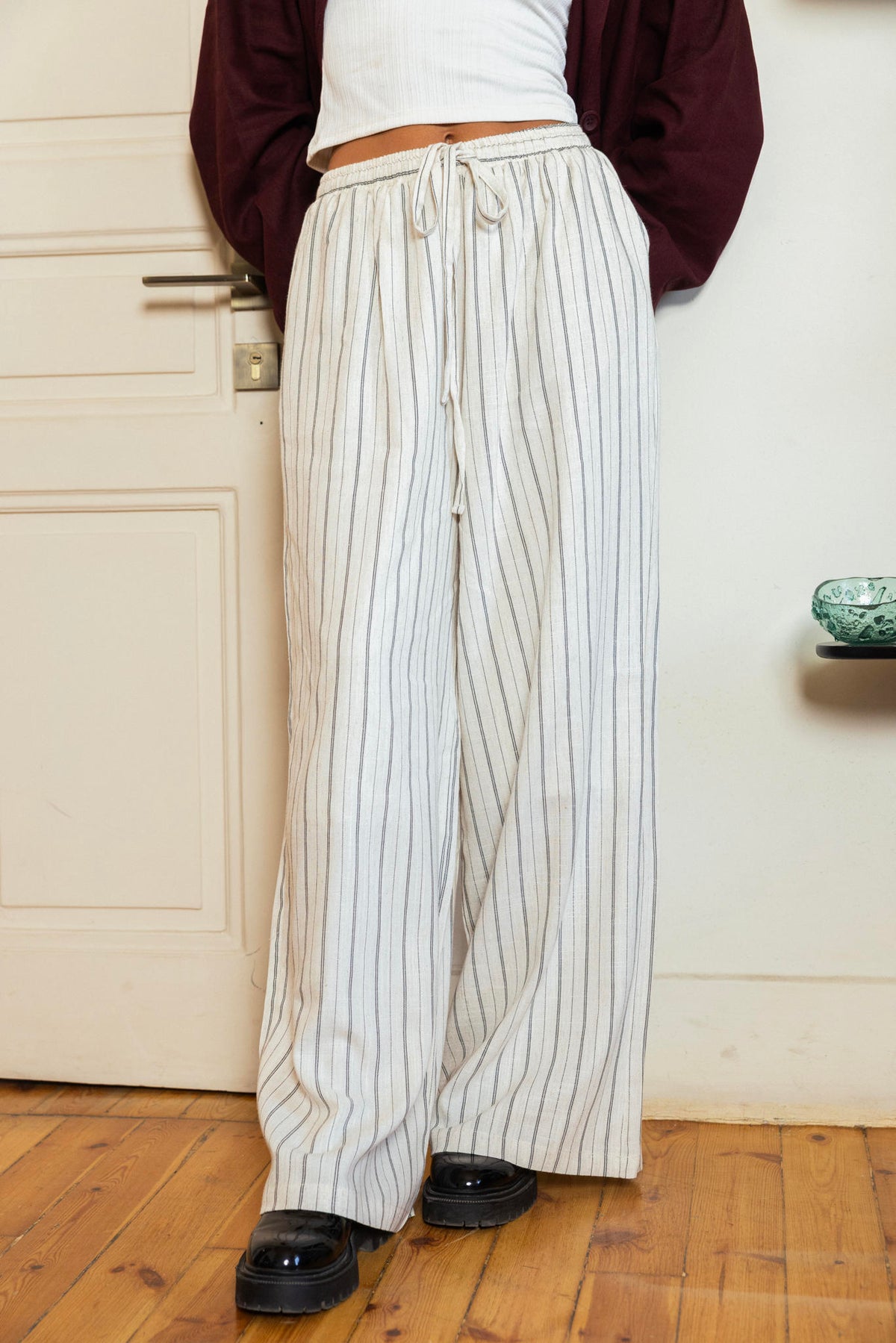 Double Striped lines Linen Pants-Beige