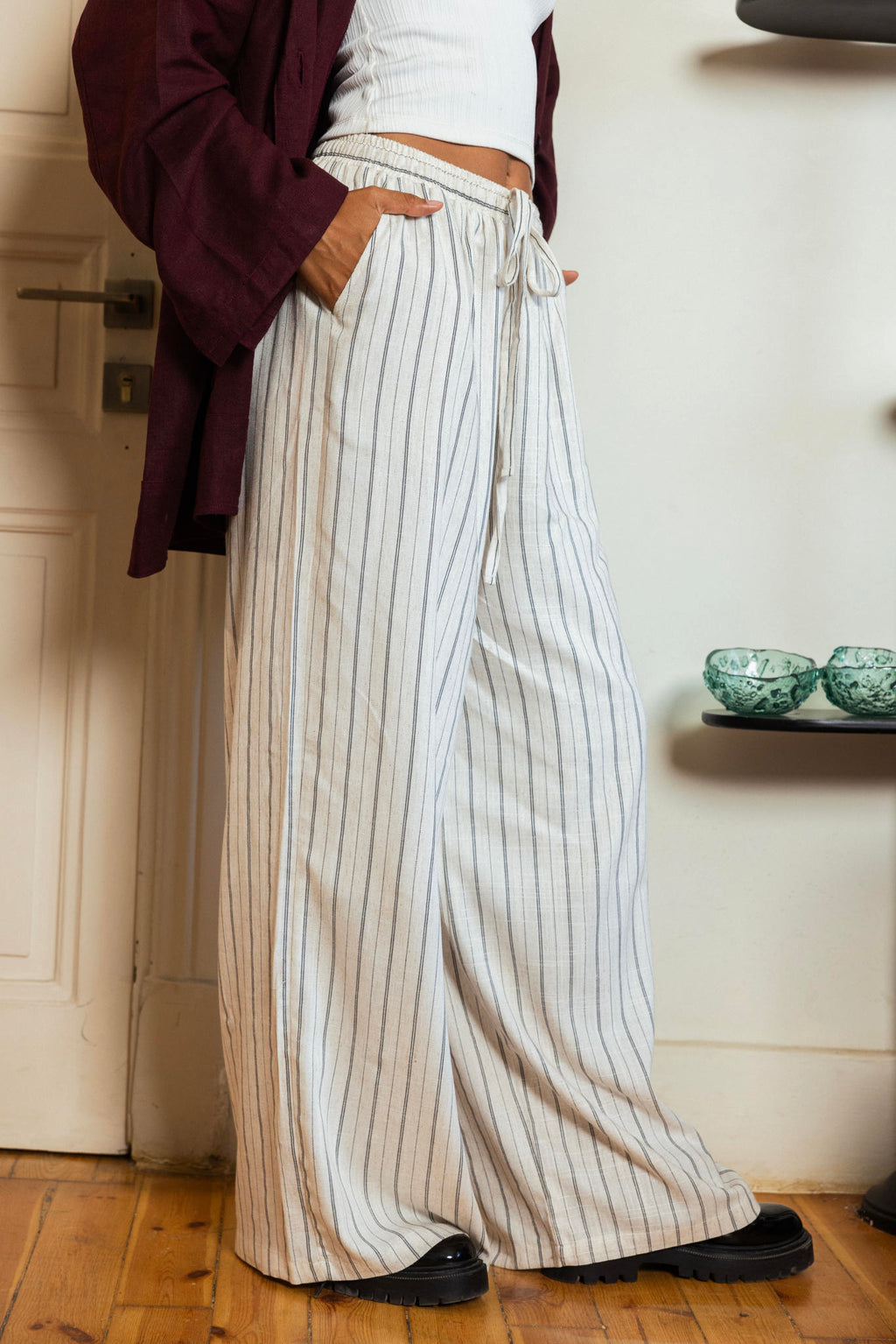 Double Striped lines Linen Pants-Beige