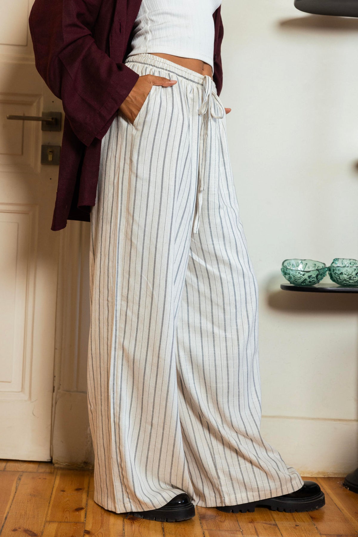 Double Striped lines Linen Pants-Beige
