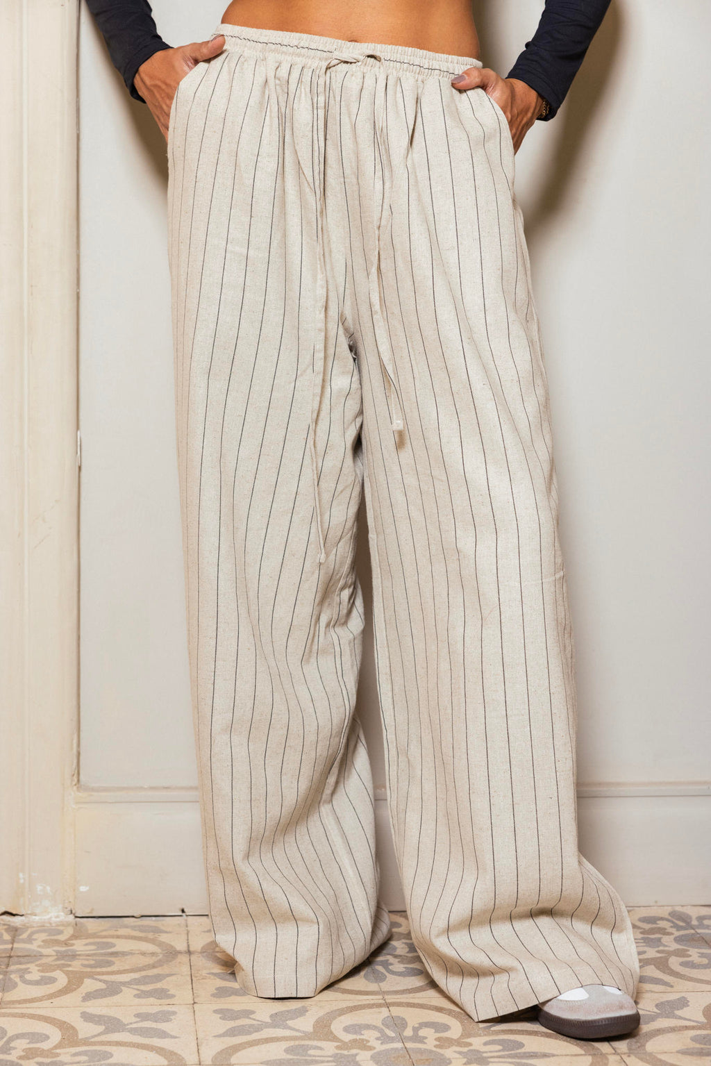 Striped Linen Pants-Beige