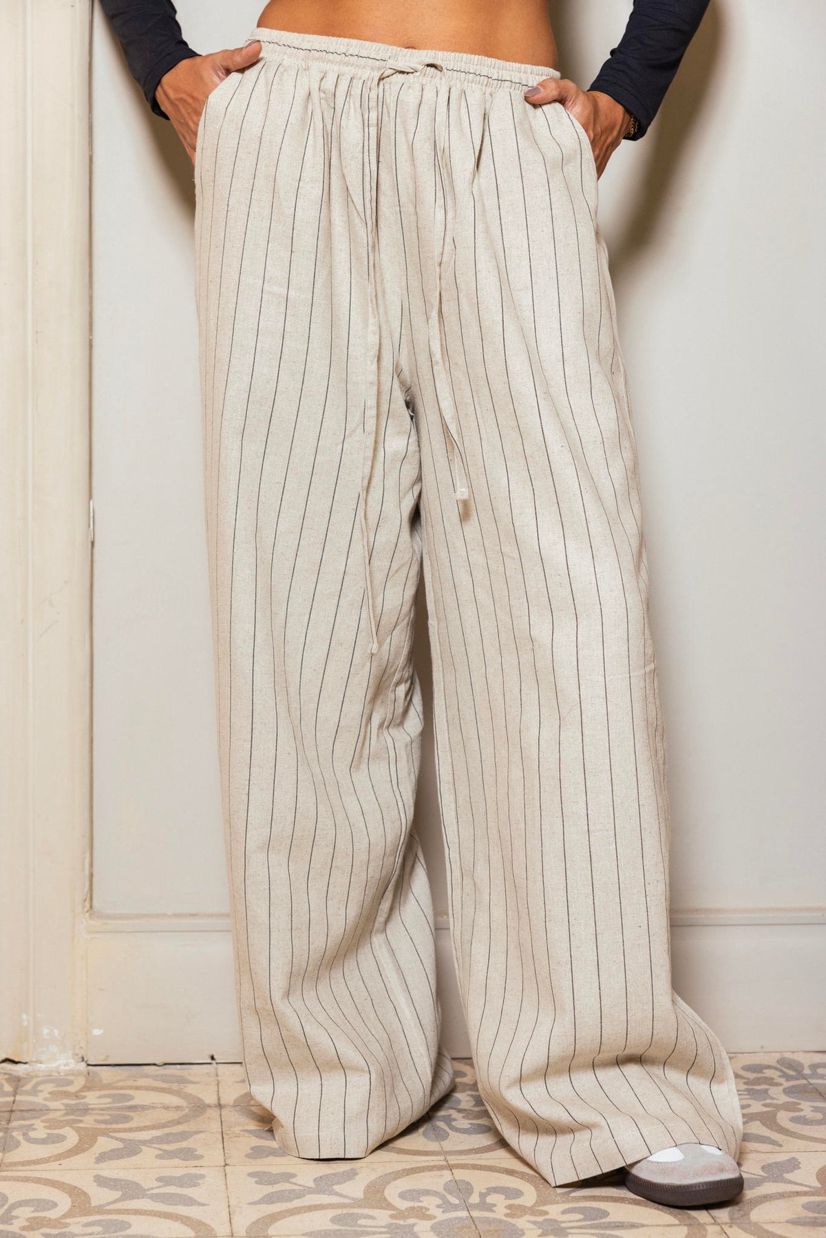 Striped Linen Pants-Beige