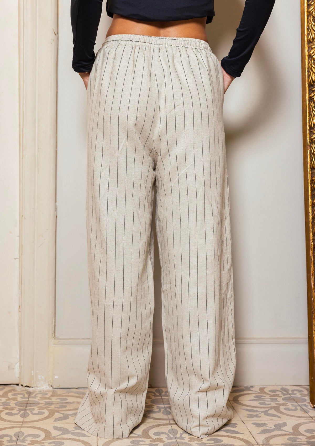 Striped Linen Pants-Beige