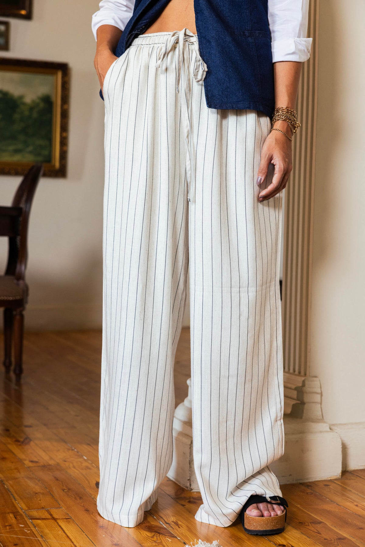 Striped Linen Pants-Off White