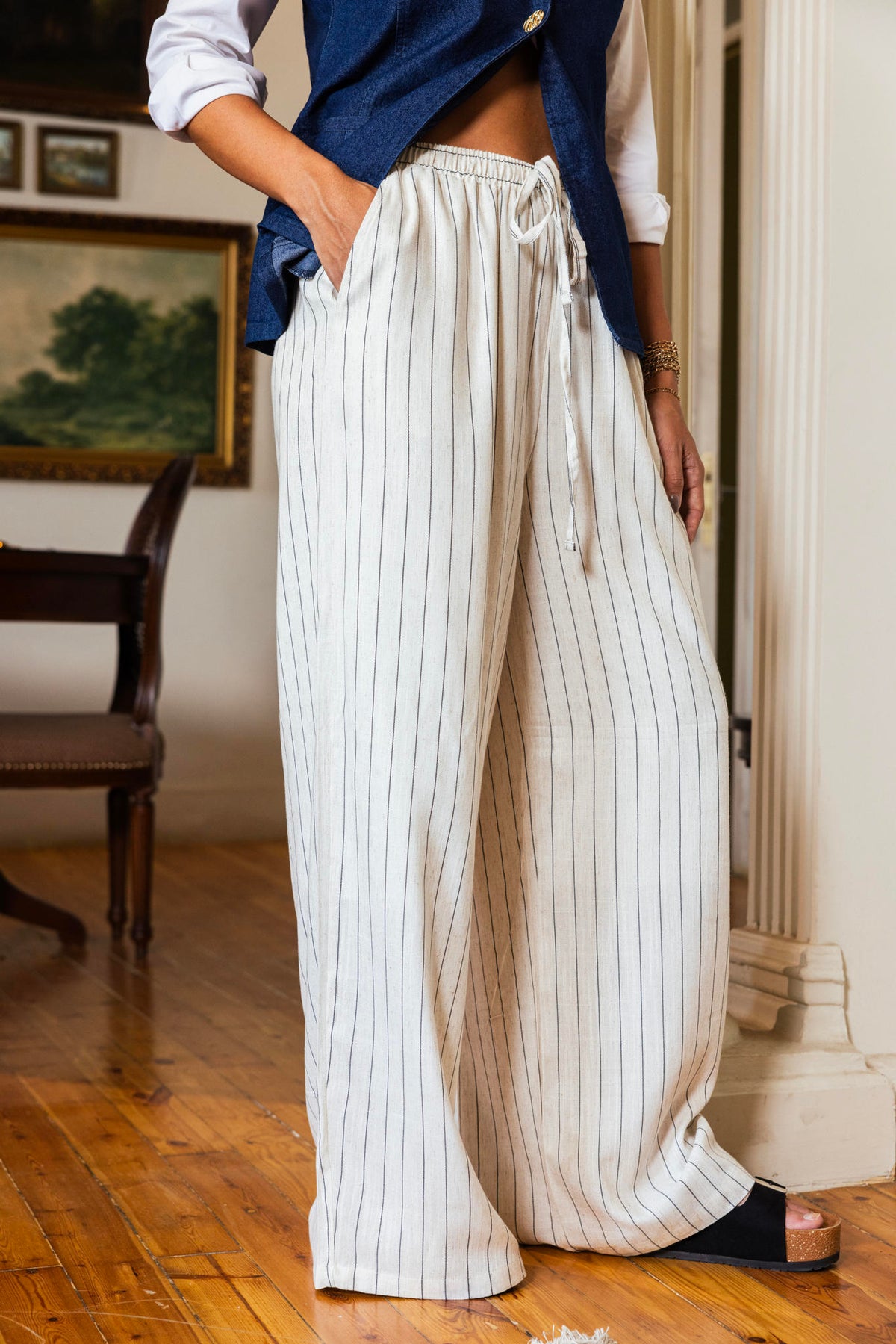 Striped Linen Pants-Off White