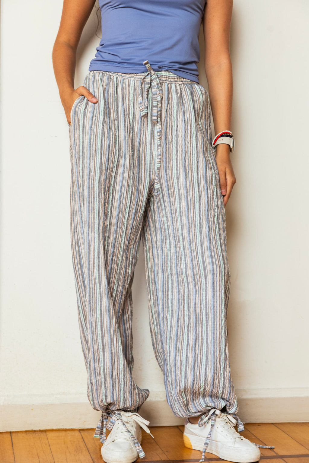 Balloon Stripe Pants-Sky blue