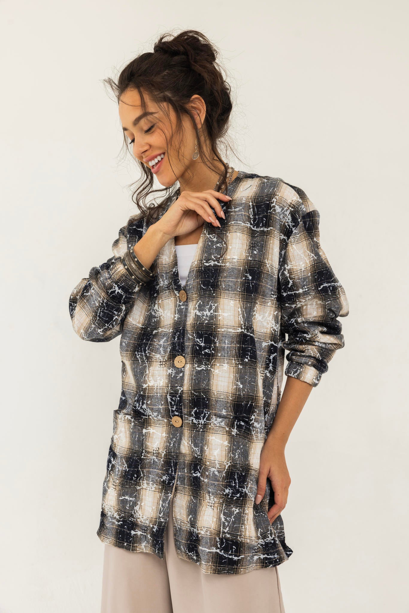 V-Cut Plaid Shirt