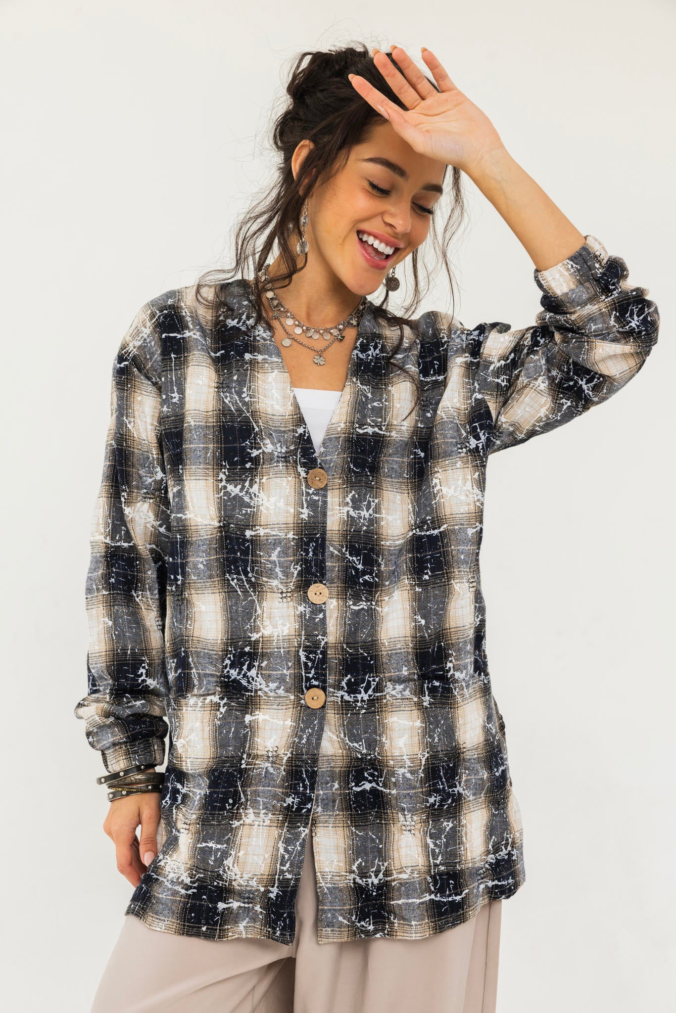 V-Cut Plaid Shirt
