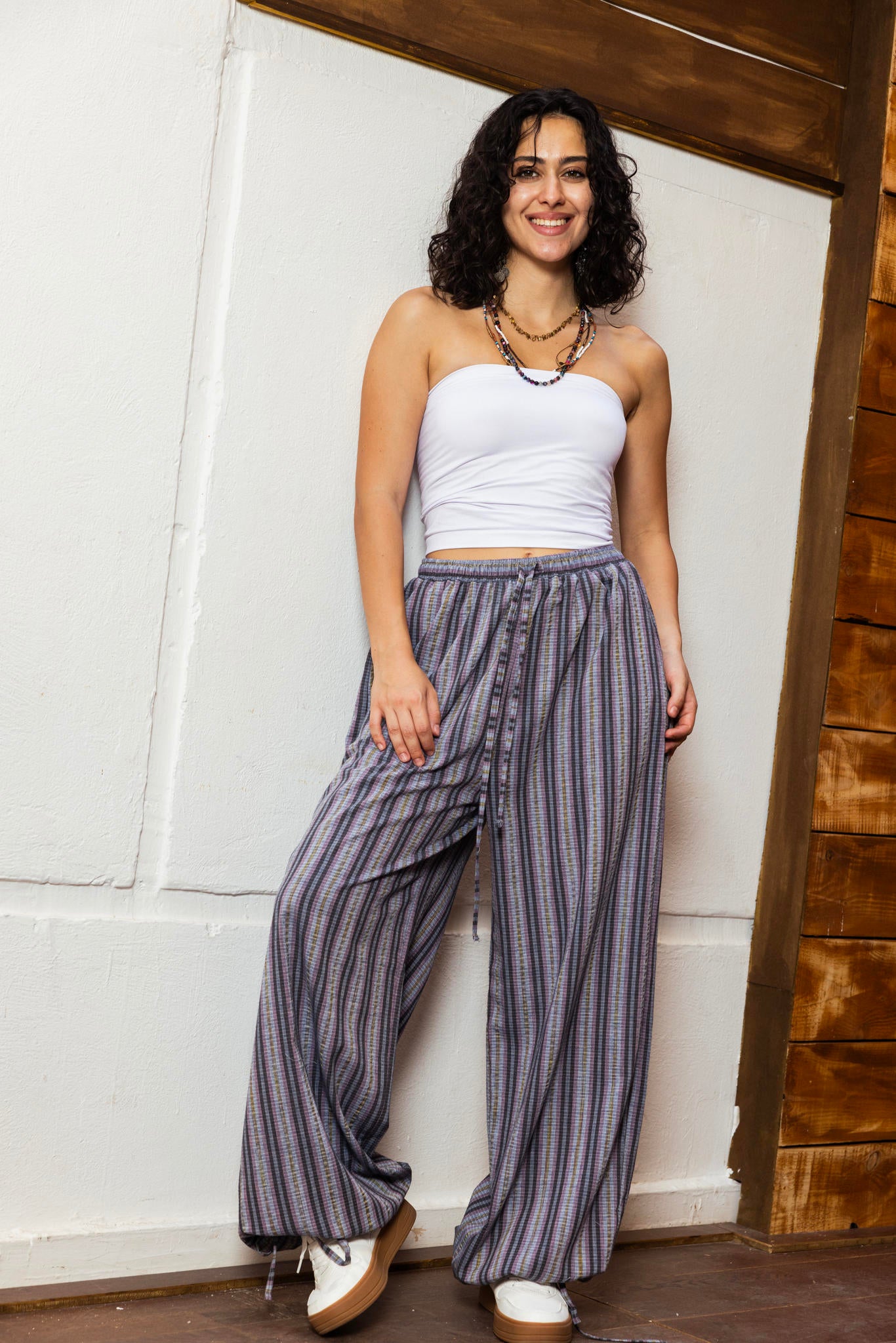 Balloon Striped Pants-Gray