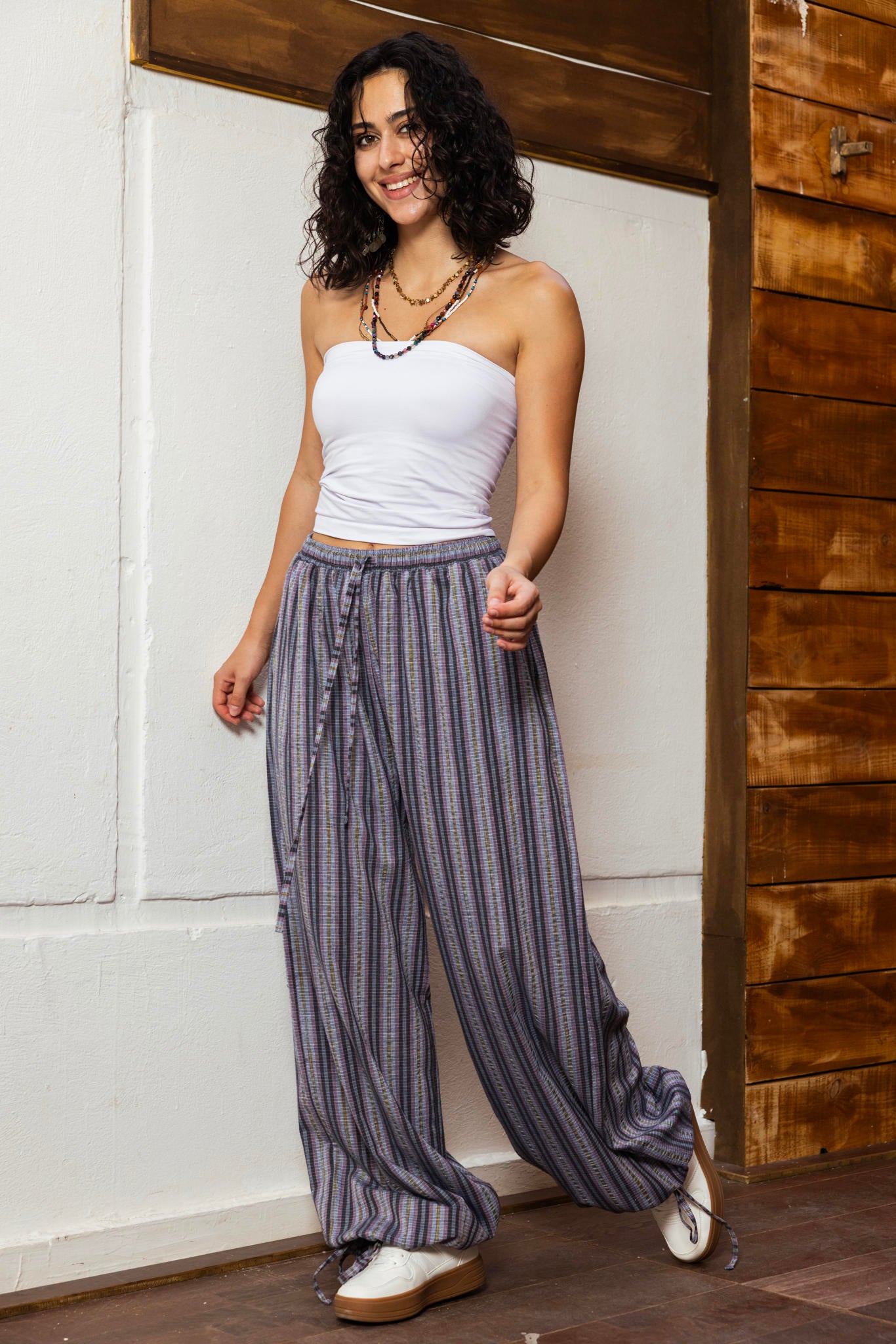 Balloon Striped Pants-Gray